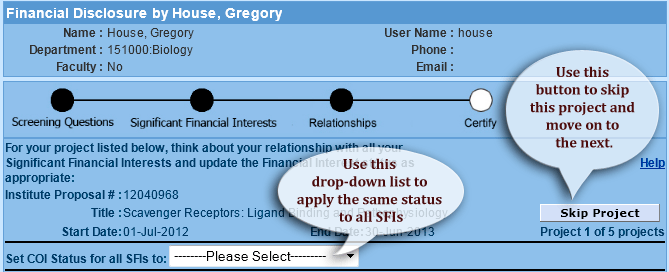 Relating Projects to SFI Entry Screen