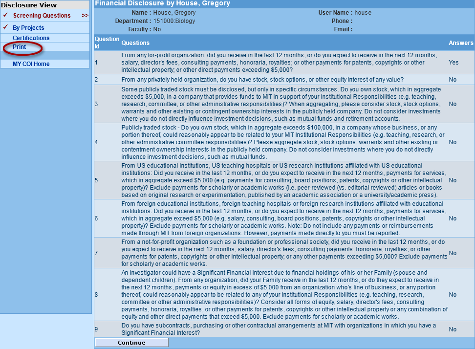 View and Print Master Disclosure screen